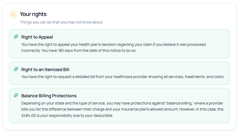 DocSimple 'Your rights' panel listing Right to Appeal, Right to an Itemized Bill and Balance Billing Protections for a health-plan Explanation of Benefits.