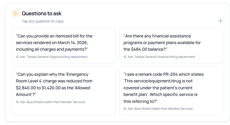 DocSimple 'Questions to ask' grid with four pre-worded questions for a hospital billing department and health plan member services.