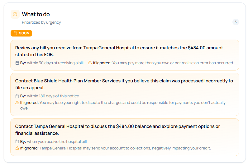 DocSimple 'What to do' action plan with three prioritized next steps for a hospital bill, each with a deadline and consequences of inaction.
